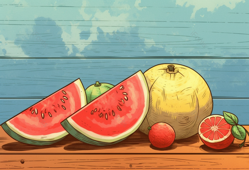 夏日里冰凉的西瓜哈密瓜放在桌面上创意插画设计素材,插画/手绘图,插画/手绘图库,插画/手绘图下载,插画/手绘